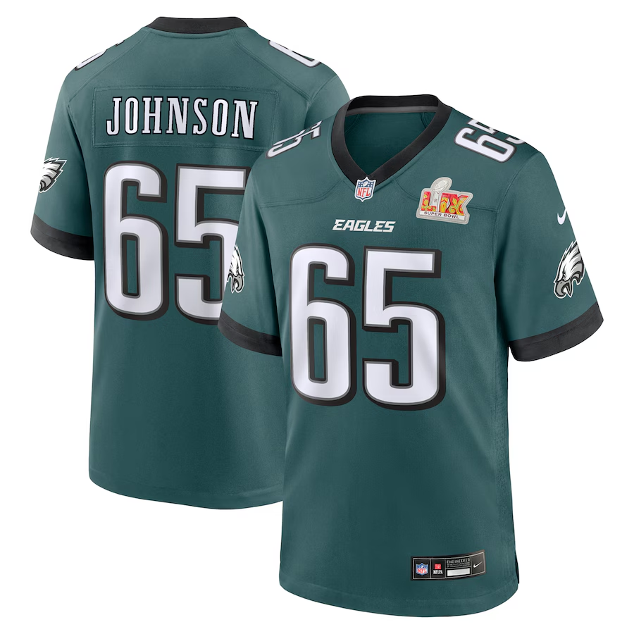 Men's Philadelphia Eagles Lane Johnson #65 Midnight Green Super Bowl LIX Game Player Jersey1 football jersey product view 1