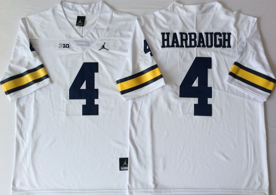 Men's Michigan Wolverines Jim Harbaugh #4 White Alumni Player Game Jersey sports jersey product view 1