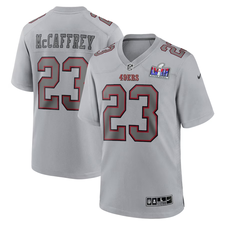 Men's San Francisco 49ers Christian McCaffrey #23 Gray Super Bowl LVIII Atmosphere Fashion Game Jersey1 football jersey product view 1