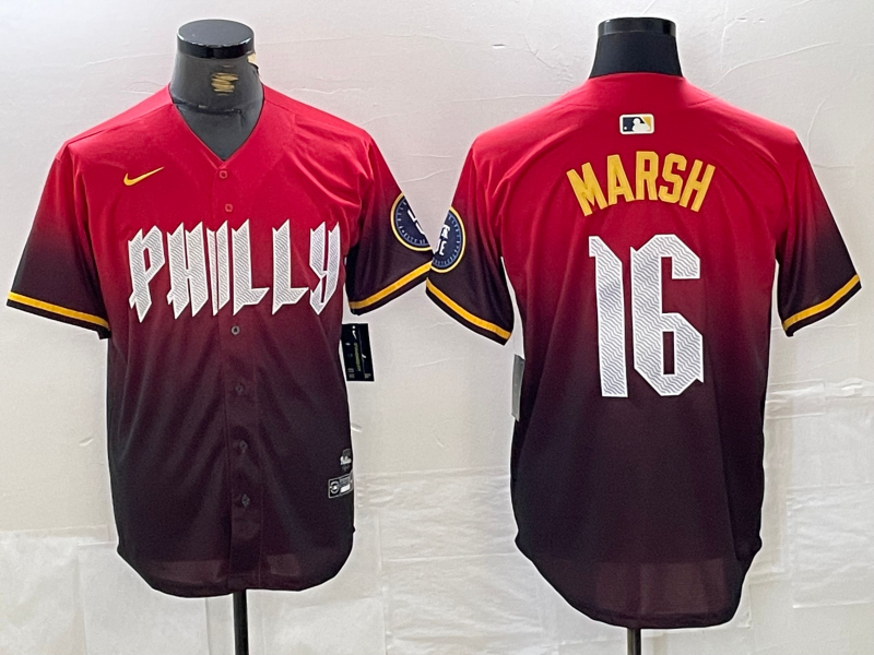 Men's Philadelphia Phillies Brandon Marsh #16 Red 2024 City Connect Limited Player Jersey1 baseball jersey product view 1