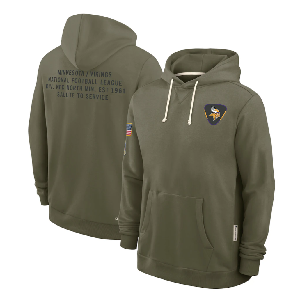 Men's Minnesota Vikings Olive 2025 Salute to Service Sideline Standard Issue Dri-FIT Hoodie football jersey product view 1