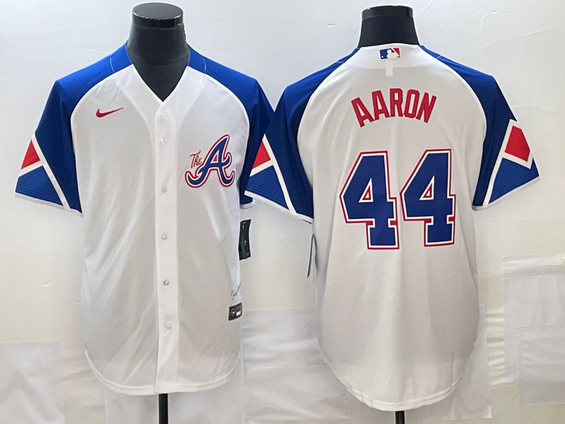 Men's Atlanta Braves Hank Aaron #44 White 2023 City Connect Replica Player Jersey1 baseball jersey product view 1