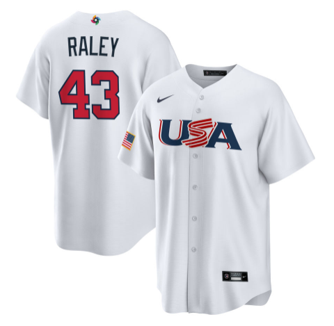 Men's 2023 World Baseball Classic #43 Luke Raley USA White Jersey1 baseball jersey product view 1