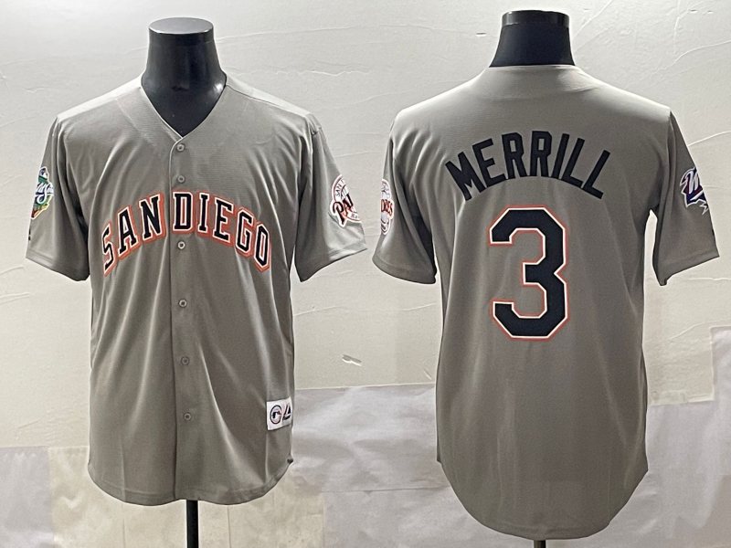 Men's San Diego Padres Jackson Merrill #3 Gray Replica Player Jersey baseball jersey product view 1