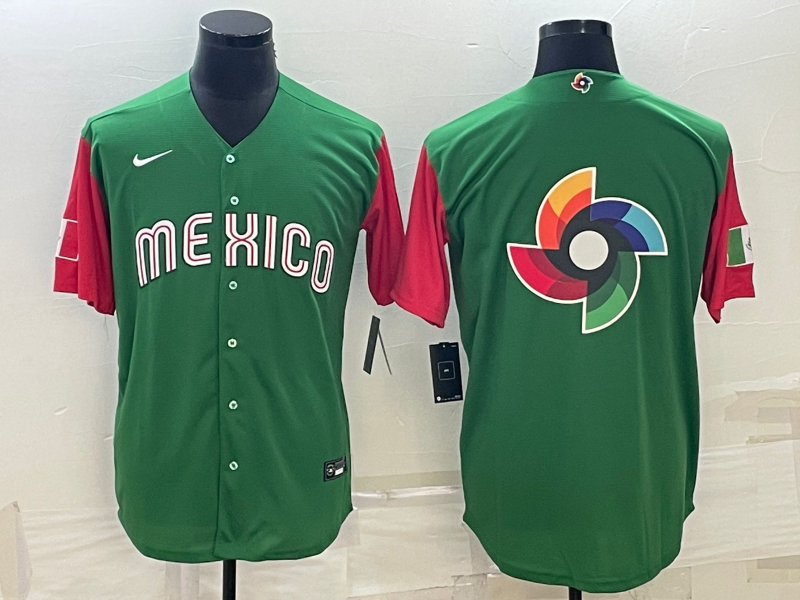 Men's 2023 World Baseball Classic Mexico Green/Red Jersey1 baseball jersey product view 1