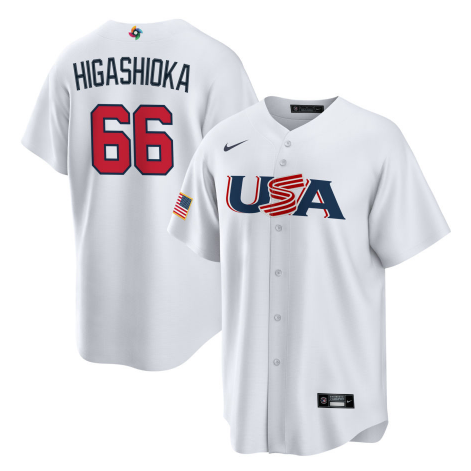 Men's 2023 World Baseball Classic #66 Kyle Higashioka USA White Jersey1 baseball jersey product view 1