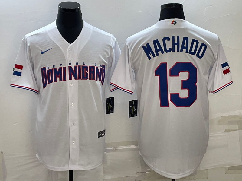 Men's 2023 World Baseball Classic #13 Manny Machado Dominican Republic White Jersey1 baseball jersey product view 1