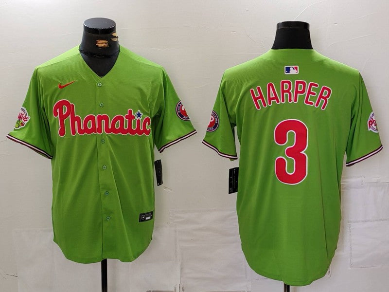 Men's Philadelphia Phillies Bryce Harper #3 Green Replica Player Name Jersey1 baseball jersey product view 1