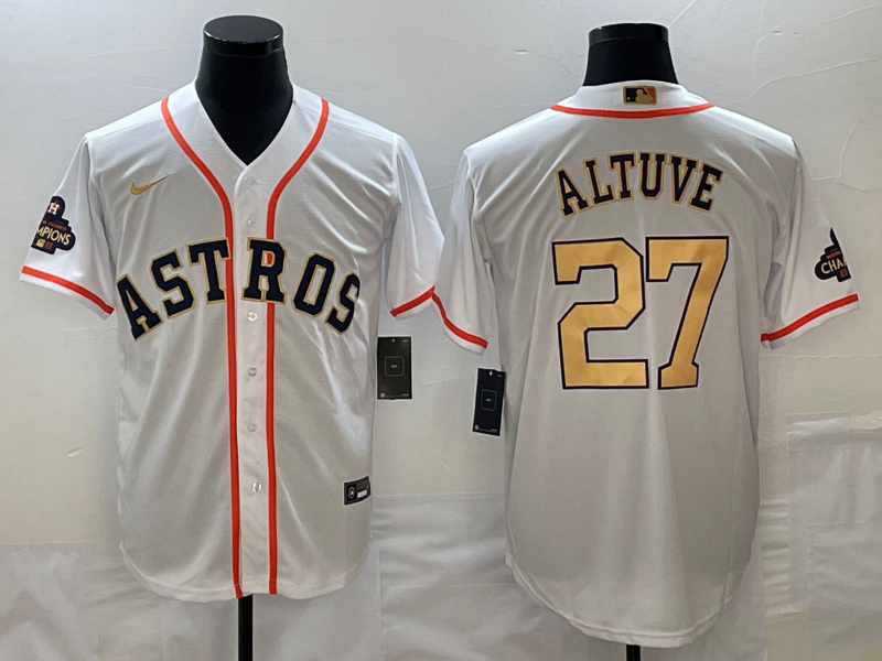 Men's Houston Astros Jose Altuve Nike White/Gold 2023 Gold Collection Replica Player Jersey1 baseball jersey product view 1