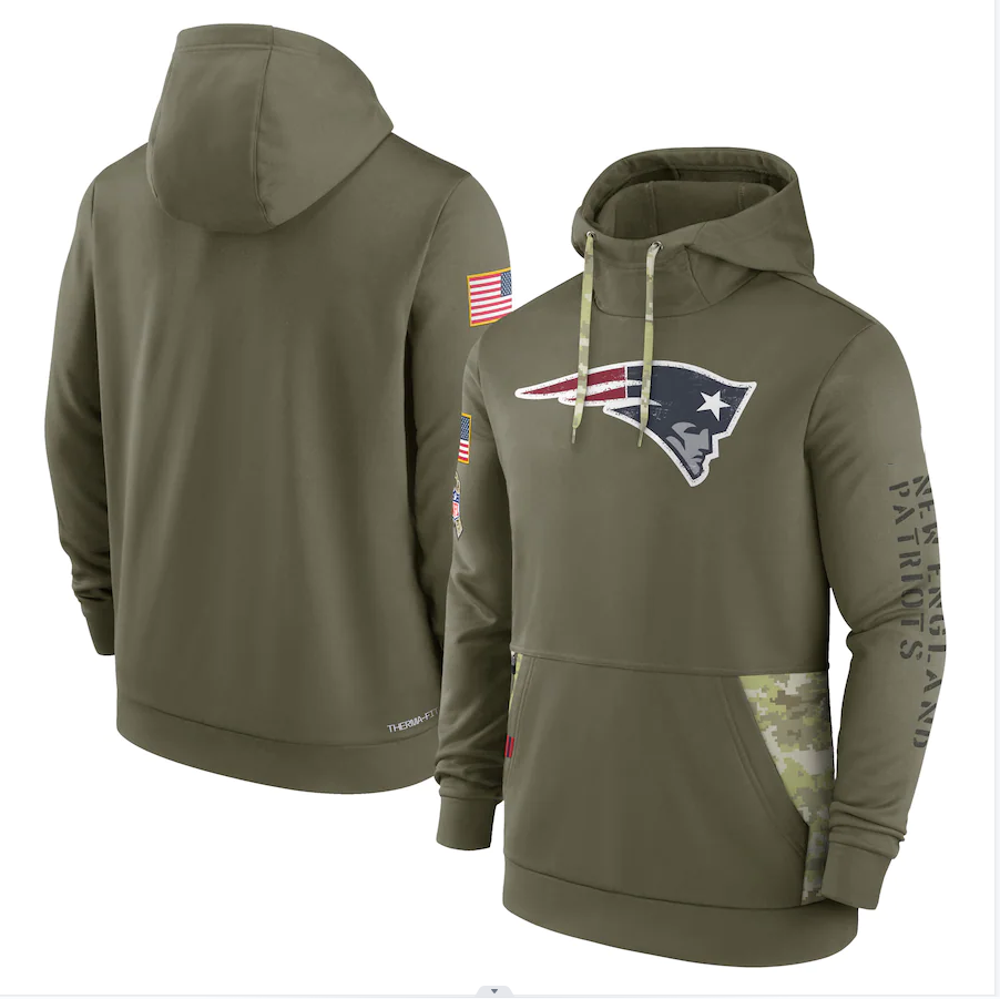 Men's New England Patriots Olive 2022 Salute to Service Therma Performance Pullover Hoodie1 football jersey product view 1