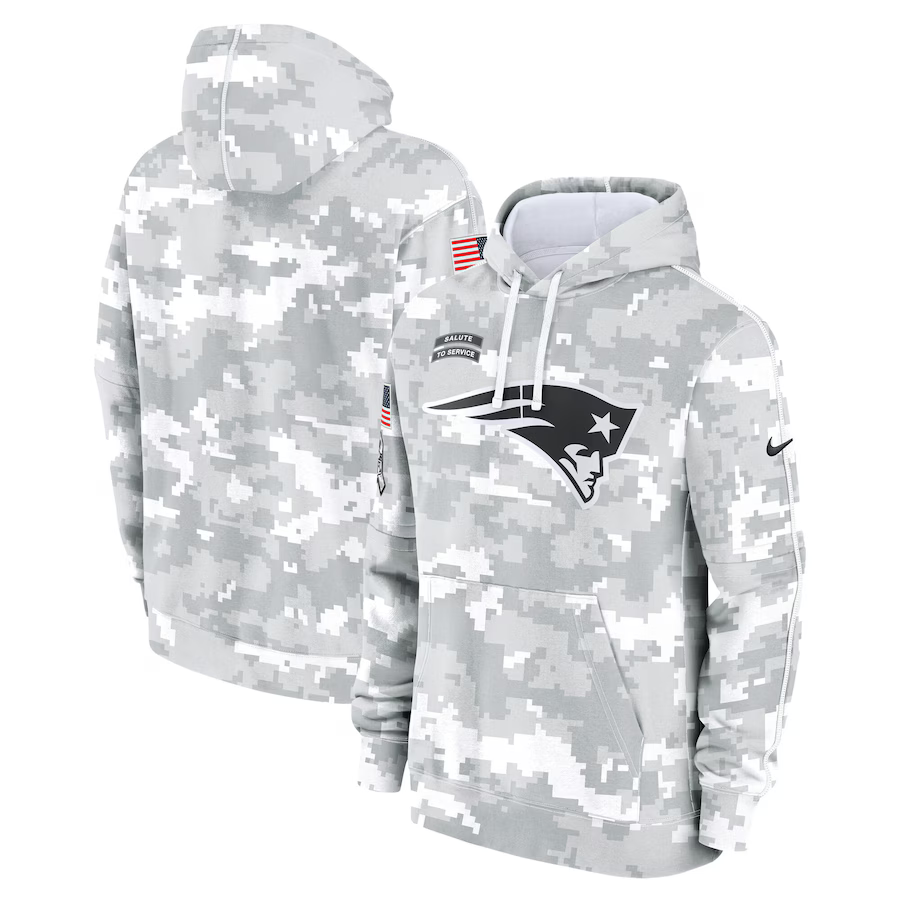Men's New England Patriots Arctic Camo 2024 Salute to Service Club Fleece Pullover Hoodie1 football jersey product view 1