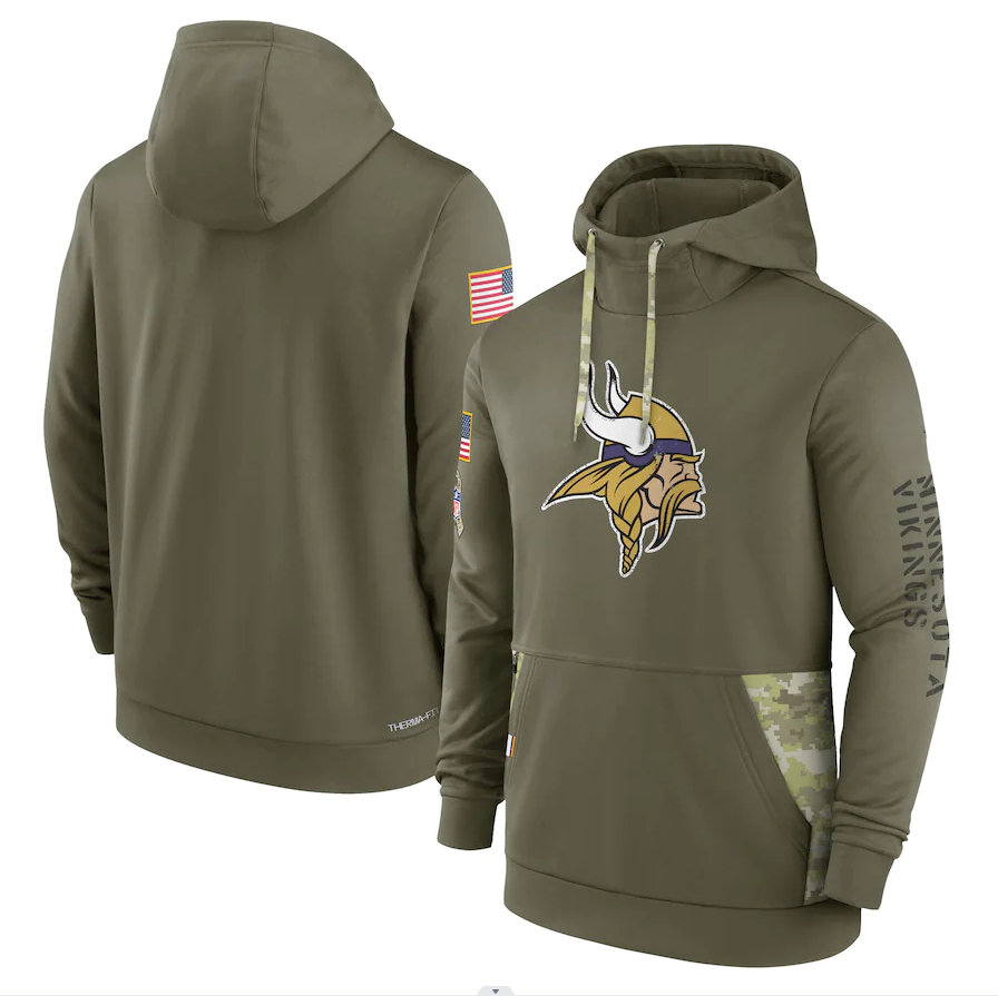 Men's Minnesota Vikings Olive 2022 Salute to Service Therma Performance Pullover Hoodie1 football jersey product view 1