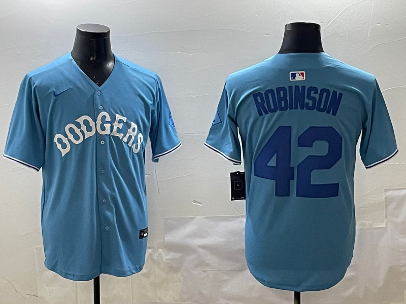Men's Los Angeles Dodgers Jackie Robinson #42 Light Blue Replica Player Jersey1 baseball jersey product view 1