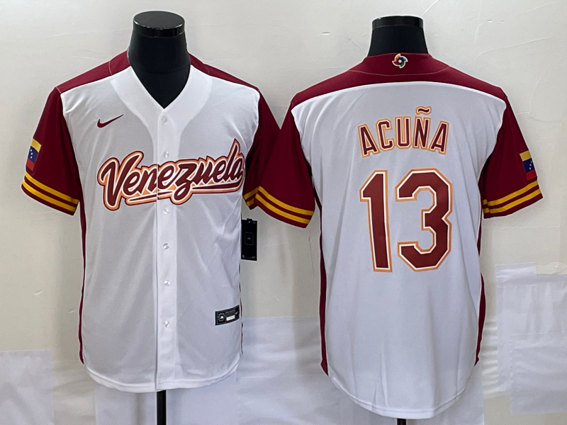 Men's 2023 World Baseball Classic #13 Ronald Acu?a Jr. Venezuela White Jersey1 baseball jersey product view 1