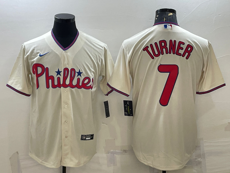 Men's Philadelphia Phillies Trea Turner #7 Beige Replica Player Jersey1 baseball jersey product view 1