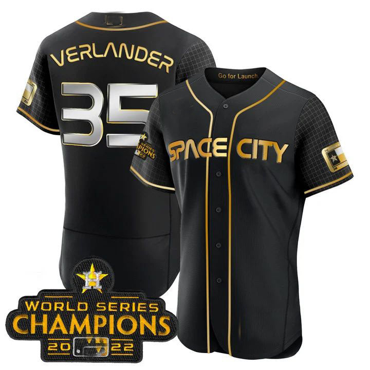 #35 Justin Verlander Houston Astros BLACK 2023 SPACE CITY CHAMPIONS FLEX JERSEY ALL STITCHED Baseball Jerseys baseball jersey product view 1