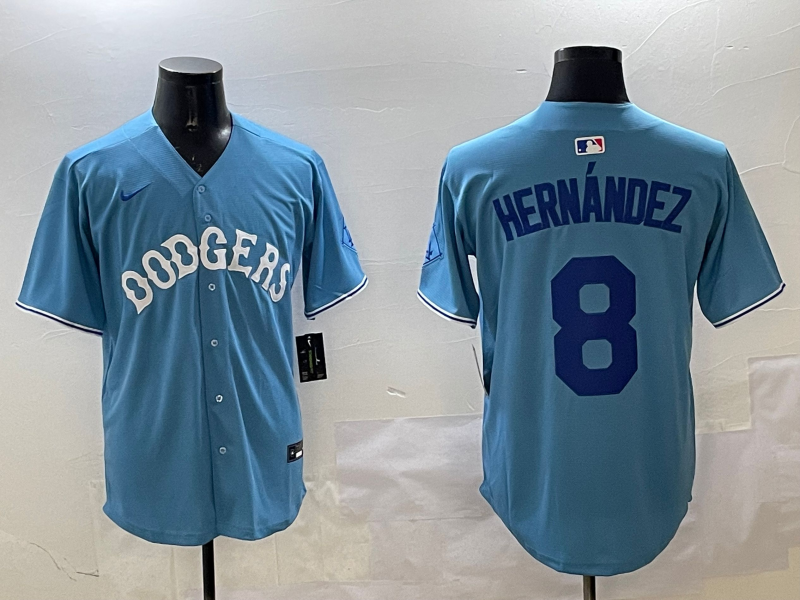 Men's Los Angeles Dodgers Enrique Hernandez #8 Light Blue Replica Player Jersey1 baseball jersey product view 1