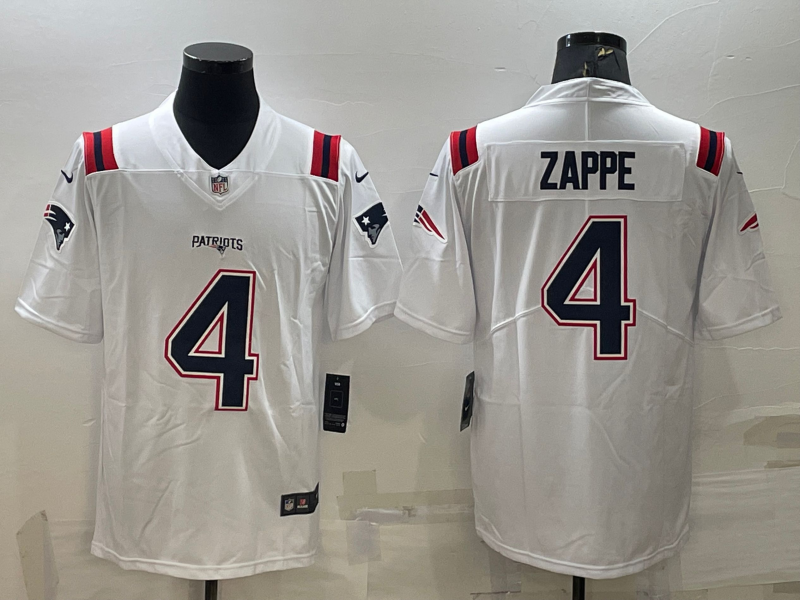 Men's New England Patriots Bailey Zappe #4 White Game Jersey1 football jersey product view 1