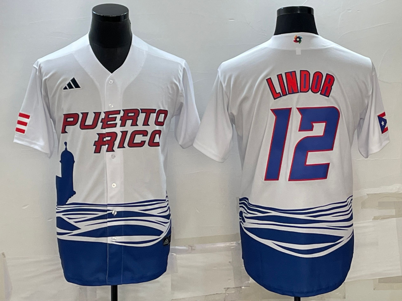 Men's 2023 World Baseball Classic #12 Francisco Lindor Puerto Rico White Jersey1 baseball jersey product view 1