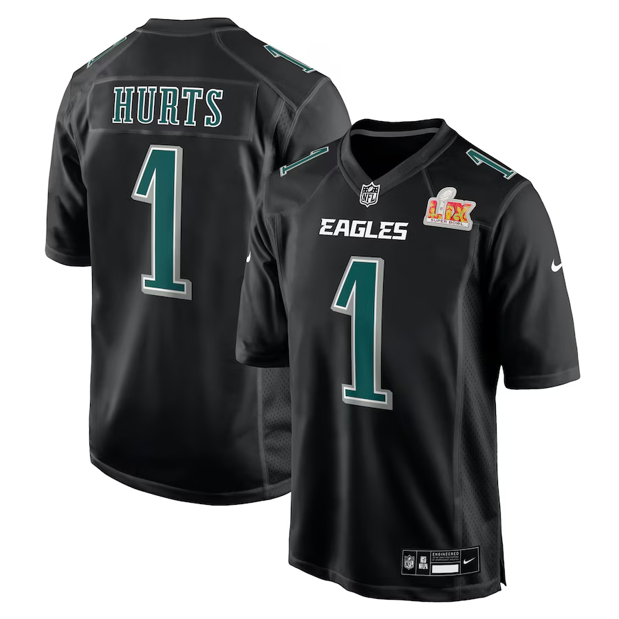 Men's Philadelphia Eagles Jalen Hurts #1 Carbon Black Super Bowl LIX Fashion Game Player Jersey1 football jersey product view 1