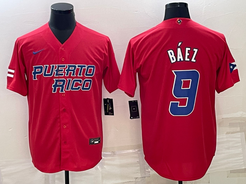 Men's 2023 World Baseball Classic #9 Javier Baez Puerto Rico Red Jersey1 baseball jersey product view 1