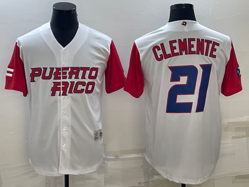 Men's 2023 World Baseball Classic #21 Roberto Clemente Puerto Rico Jersey1 White baseball jersey product view 1