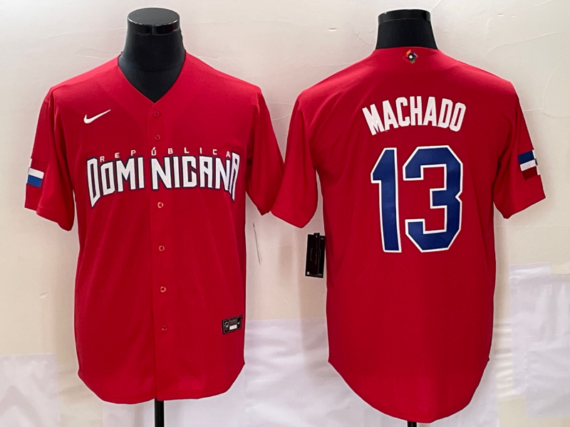 Men's 2023 World Baseball Classic #13 Manny Machado Dominican Republic Red Jersey1 baseball jersey product view 1
