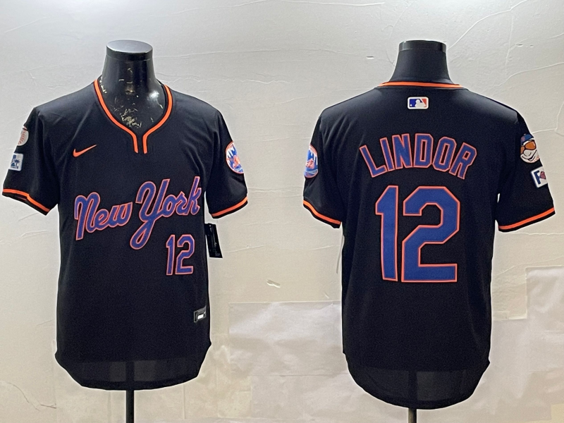 Men's New York Mets Francisco Lindor #12 Black Replica Player Jersey1 baseball jersey product view 1