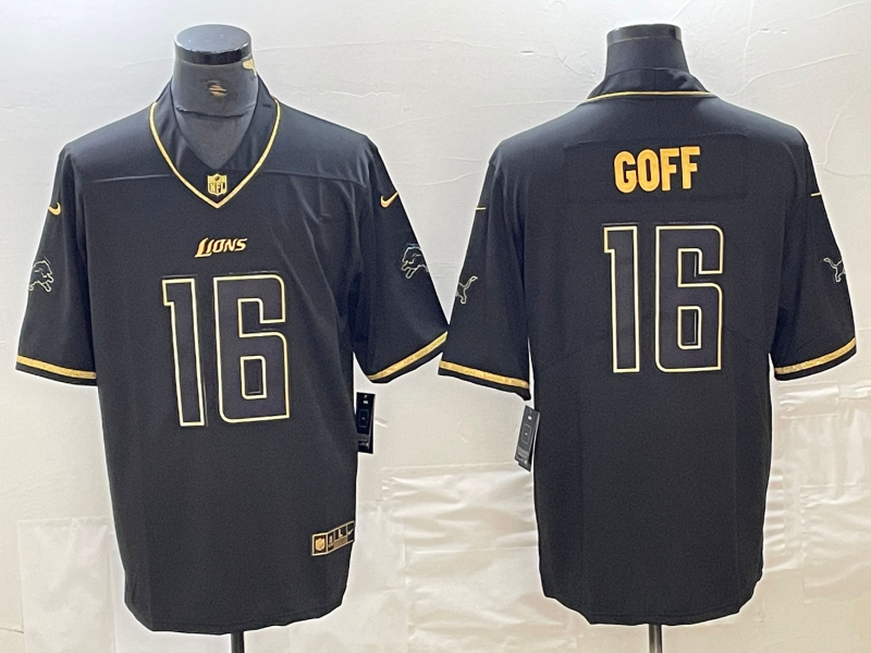 Men's Detroit Lions Jared Goff #16 Black Game Jersey1 football jersey product view 1