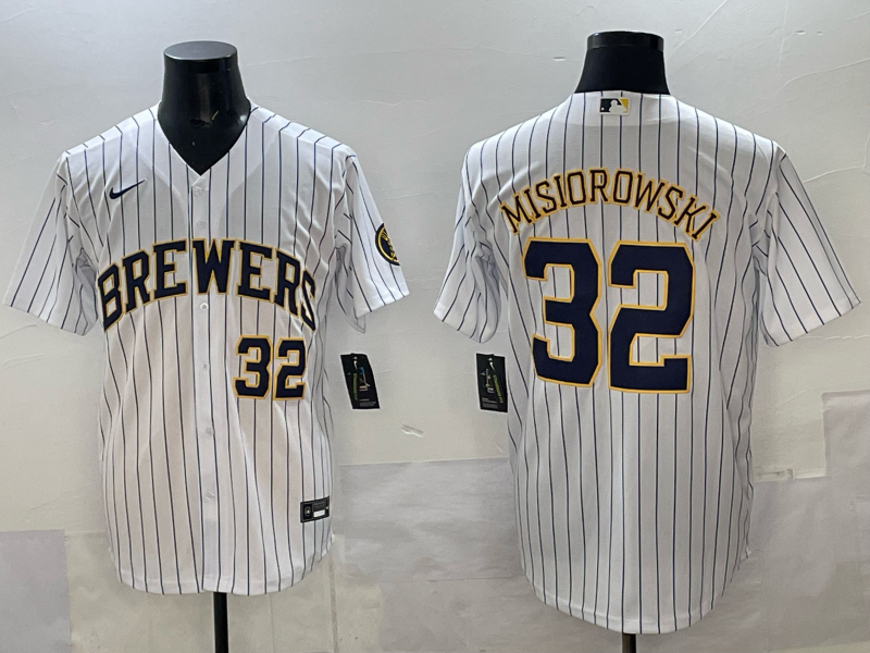 Men's Milwaukee Brewers Jacob Misiorowski #32 White Replica Player Jersey baseball jersey product view 1