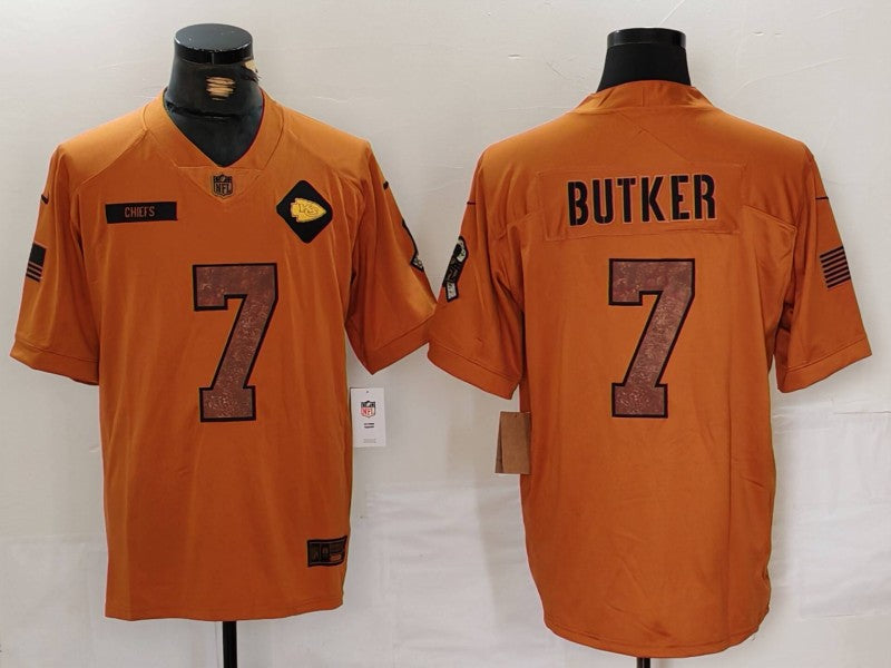 Men's Kansas City Chiefs Harrison Butker #7 Brown 2023 Salute To Service Limited Jersey1 football jersey product view 1