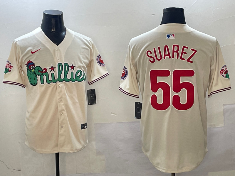 Men's Philadelphia Phillies Ranger Suarez #55 Cream Replica Player Jersey1 baseball jersey product view 1