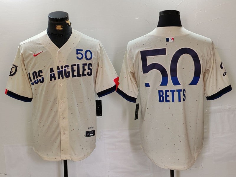 Men's Los Angeles Dodgers Mookie Betts #50 Cream 2024 City Connect Replica Player Jersey1 baseball jersey product view 1