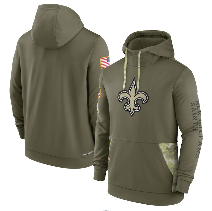 Men's New Orleans Saints Olive 2022 Salute to Service Therma Performance Pullover Hoodie1 football jersey product view 1
