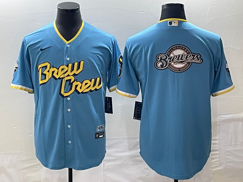 Men's Milwaukee Brewers Powder Blue 2022 City Connect Replica Team Jersey1 baseball jersey product view 1