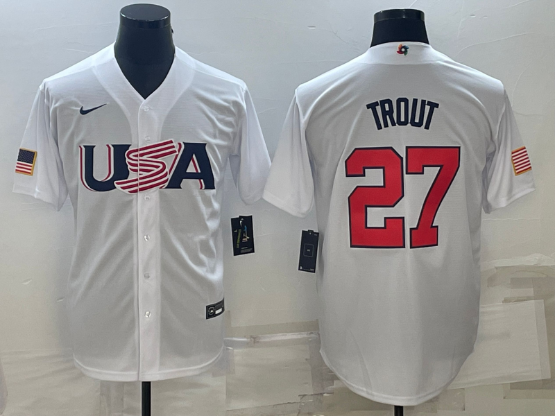 Men's 2023 World Baseball Classic #27 Mike Trout USA White Jersey1 baseball jersey product view 1