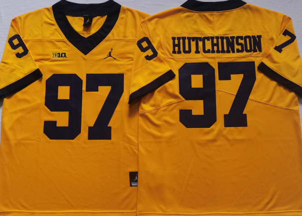 Men's Michigan Wolverines Aiden Hutchinson #97 Yellow Alumni Player Game Jersey sports jersey product view 1