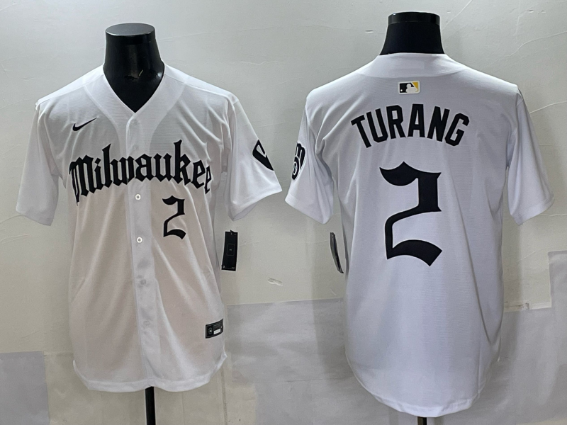 Men's Milwaukee Brewers Brice Turang #2 White Replica Player Jersey baseball jersey product view 1