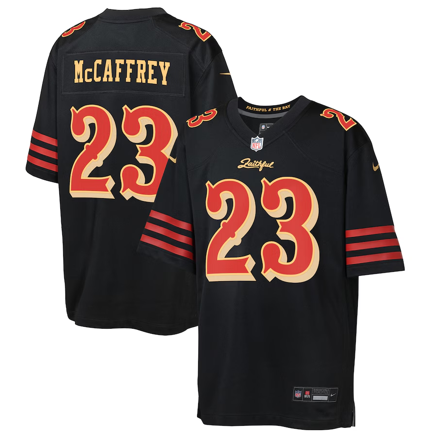 Youth San Francisco 49ers Christian McCaffrey Nike Black 2025 Rivalries Collection Game Jersey football jersey product view 1