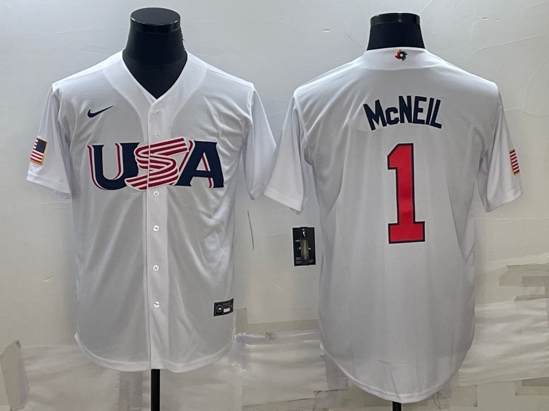 Men's 2023 World Baseball Classic #1 Jeff McNeil USA White Jersey1 baseball jersey product view 1