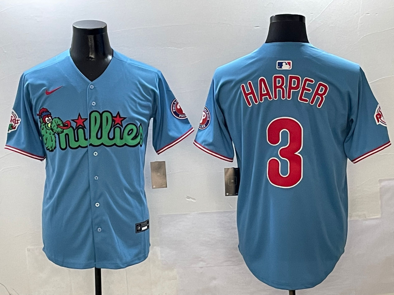 Men's Philadelphia Phillies Bryce Harper #3 Blue Replica Player Jersey1 baseball jersey product view 1