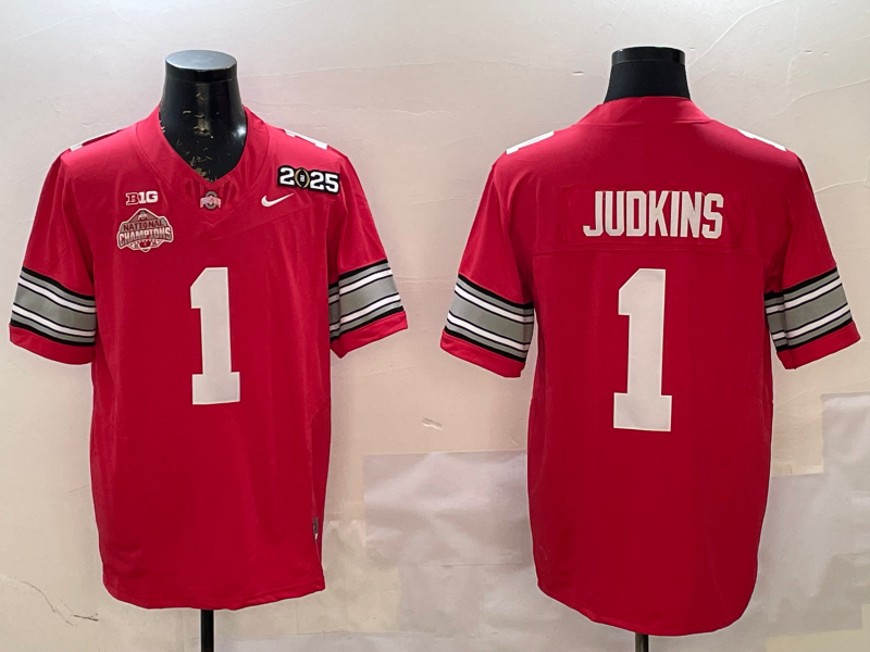 Men's Ohio State Buckeyes Quinshon Judkins #1 Red 2025 CFP Final National Champions Patch F.U.S.E. Jersey sports jersey product view 1