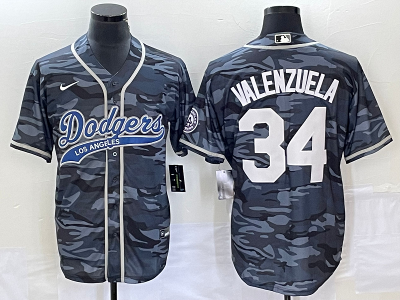 Men's Los Angeles Dodgers Fernando Valenzuela #34 Grey Camouflage Player Jersey1 Joint Edition baseball jersey product view 1