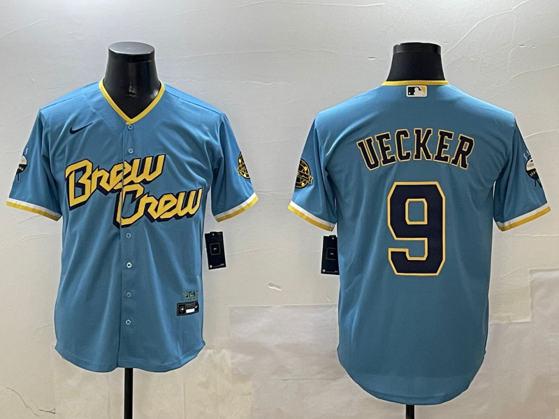 Men's Milwaukee Brewers Bob Uecker #9 Powder Blue City Connect Replica Player Jersey1 baseball jersey product view 1