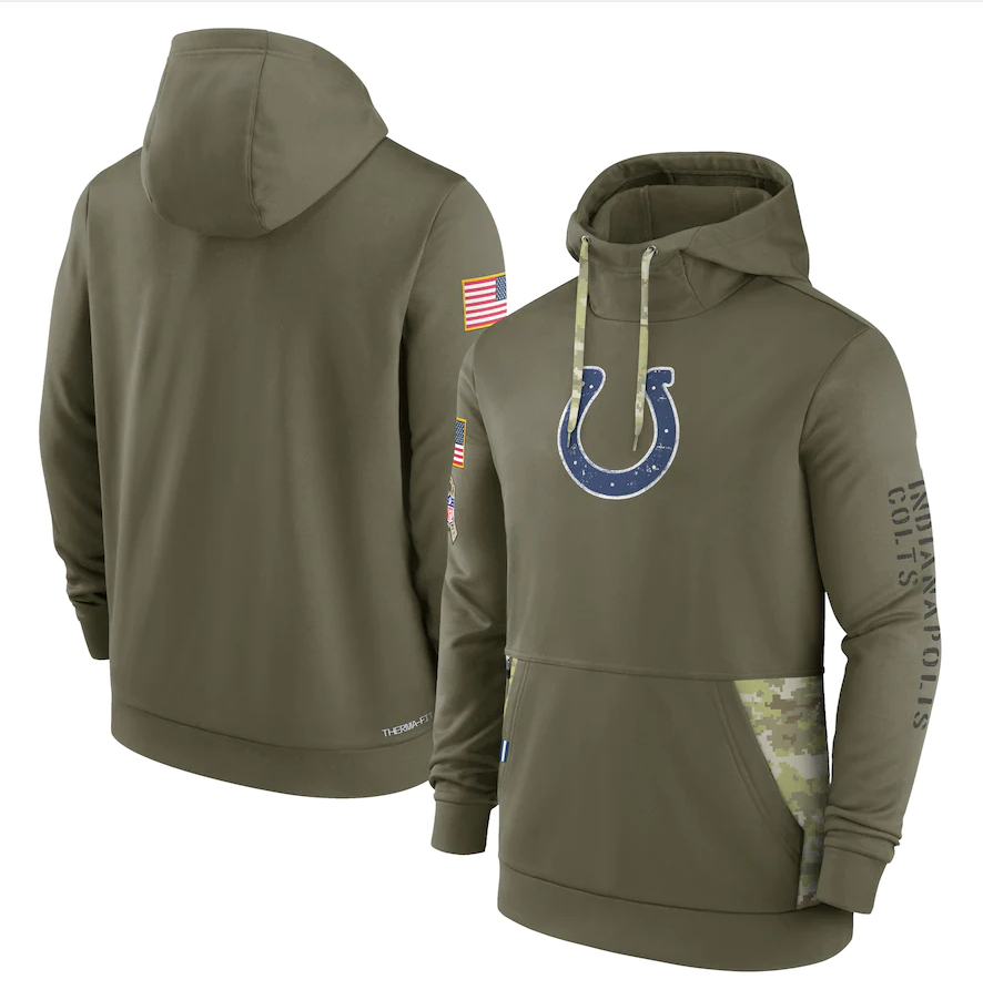 Men's Indianapolis Colts Olive 2022 Salute to Service Therma Performance Pullover Hoodie1 football jersey product view 1