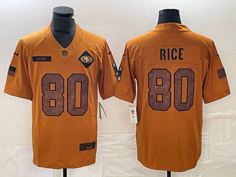 Men's San Francisco 49ers Jerry Rice #80 Brown 2023 Salute To Service Retired Player Limited Jersey1 football jersey product view 1