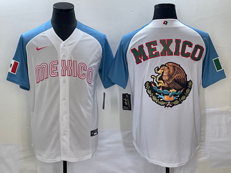 Men's 2023 World Baseball Classic Mexico White/Blue Replica Baseball Jersey1 baseball jersey product view 1