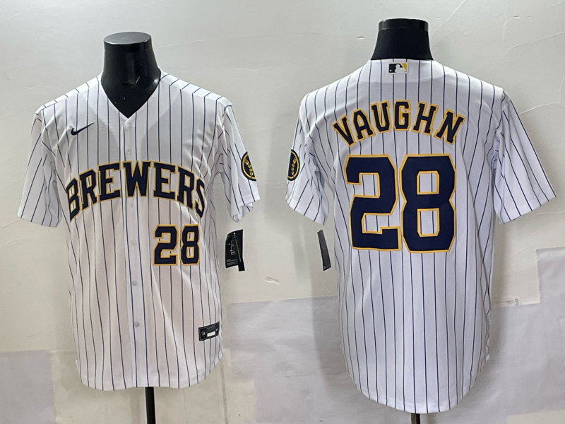 Men's Milwaukee Brewers Andrew Vaughn #28 White Replica Player Jersey baseball jersey product view 1