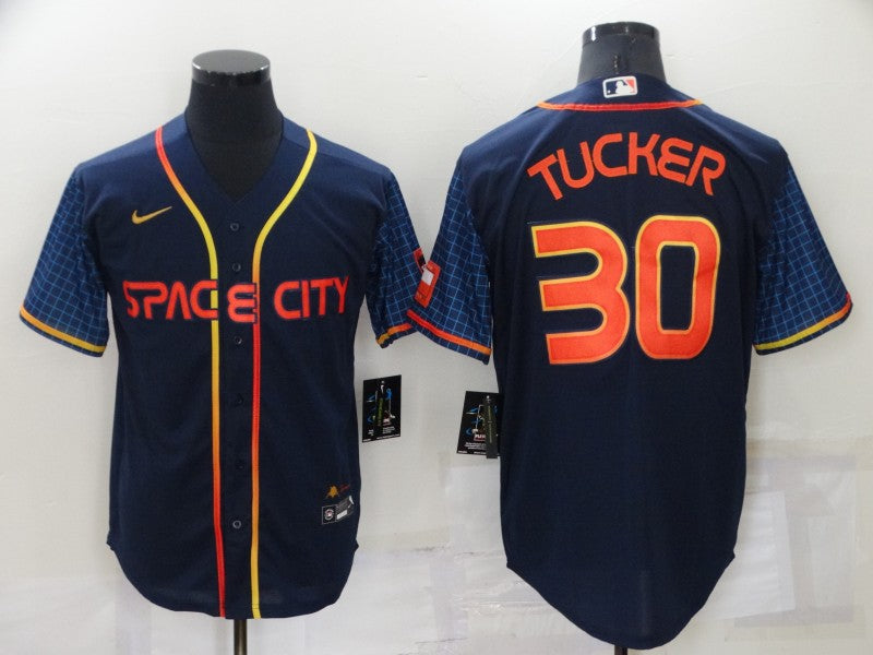 Men's Houston Astros Kyle Tucker #30 Navy Space City Jersey1 baseball jersey product view 1