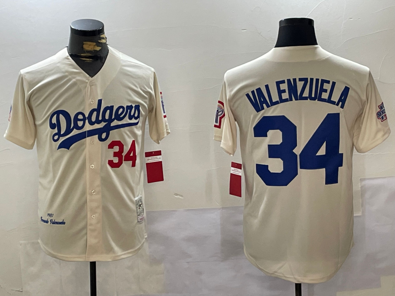 Men's Los Angeles Dodgers Fernando Valenzuela #34 Cream 1981 World Series Baseball Jersey1 baseball jersey product view 1
